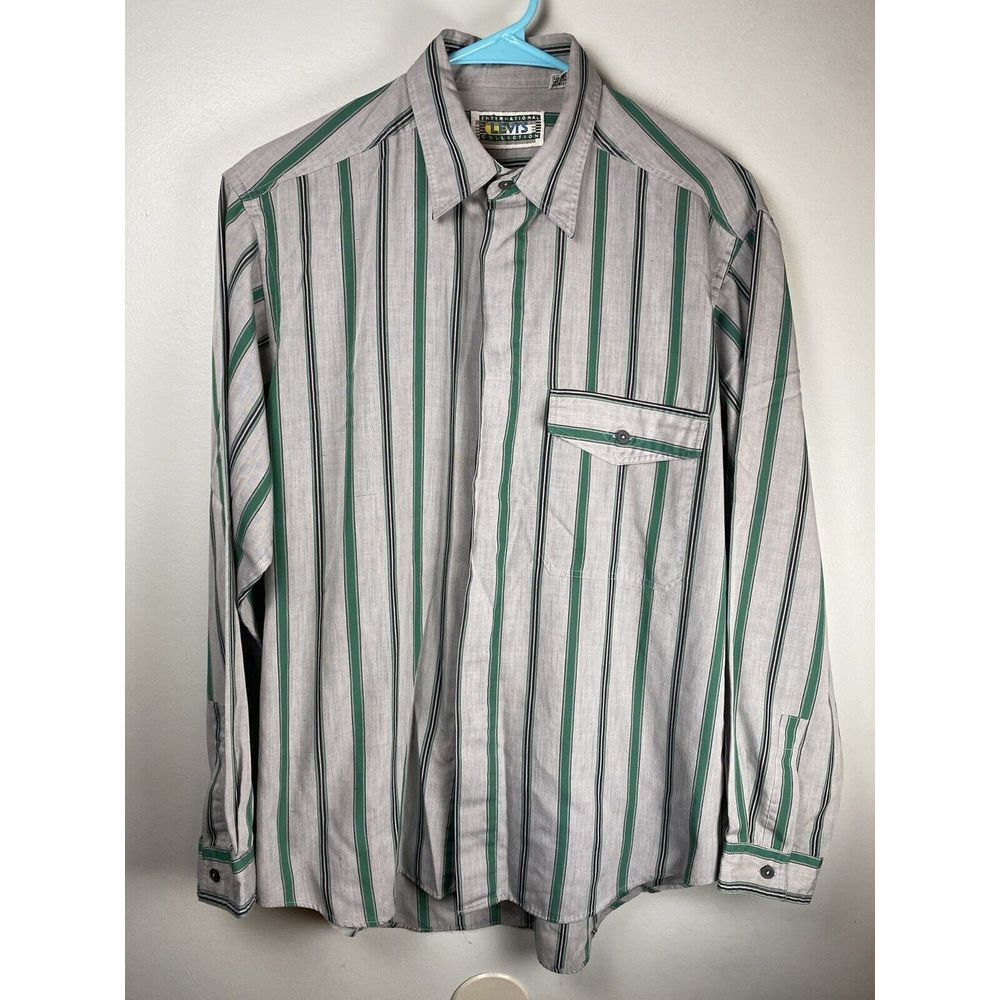 VTG LEVI'S International Long Sleeve Shirt Grey Striped Men M Hidden Button Read